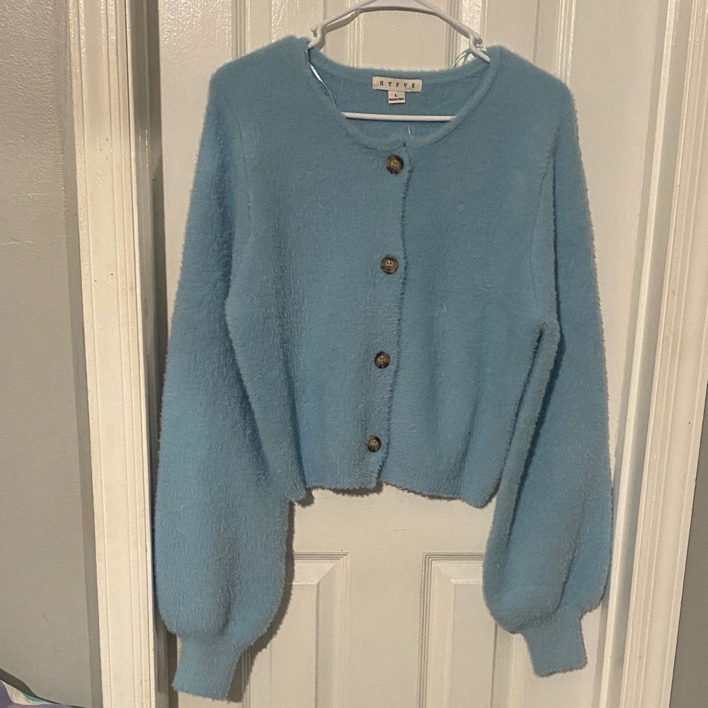 Blue Fuzzy Button-Up Sweater